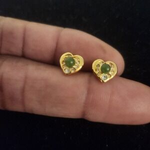 Gold Tone Heart Shape Stud Earrings Green Gemstone Clear Accent Stones